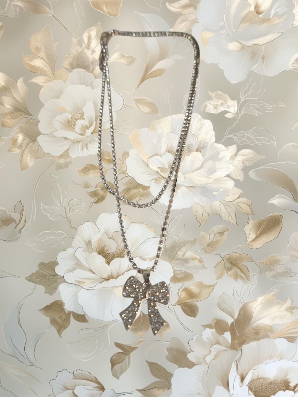 Silver Crystal Bow Pendant Necklace